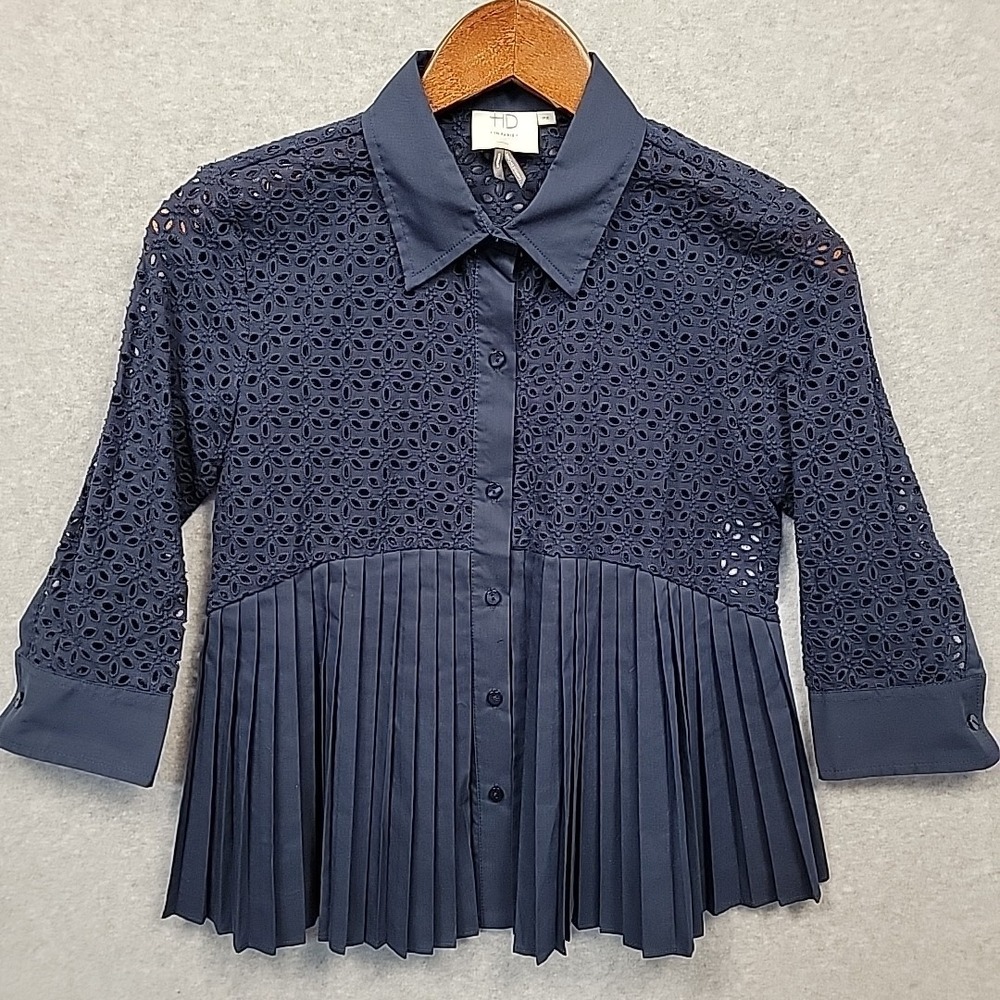 Anthropologie HD in Paris Petite 2 Eyelet Empire Blouse Pleats Peplum Blue Top